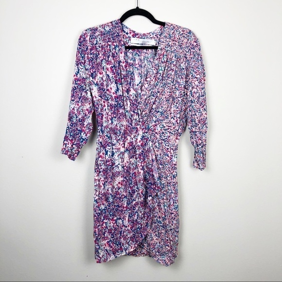 IRO Firenze Smocked Printed V Neck Long Sleeve Mini Dress Small Pink Blue Party - Picture 2 of 9